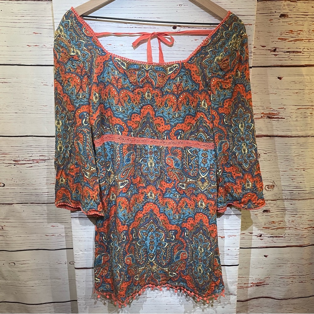 Free People Women's Orange and Blue Paisley Tunic with Lace Lining - size 4
